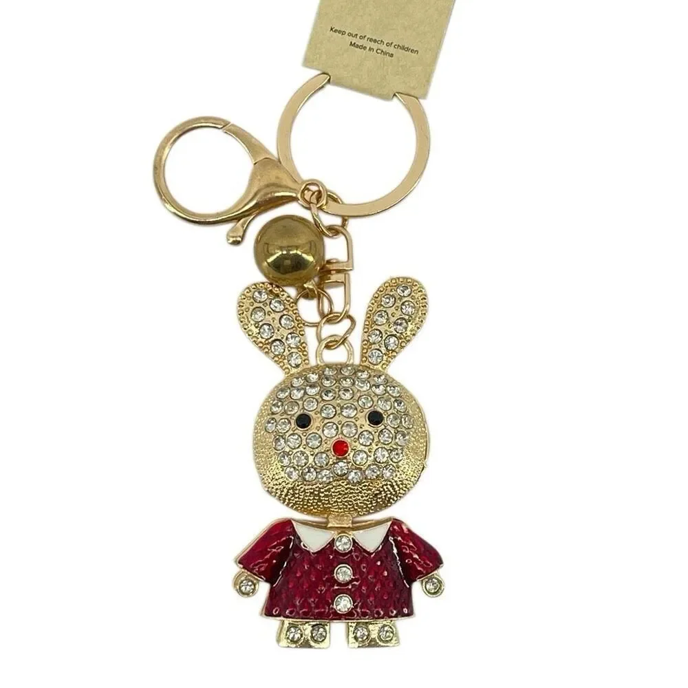 Rhinestone Bunny Rabbit Keychain Gold Red Dress Purse Charm Bag Charm